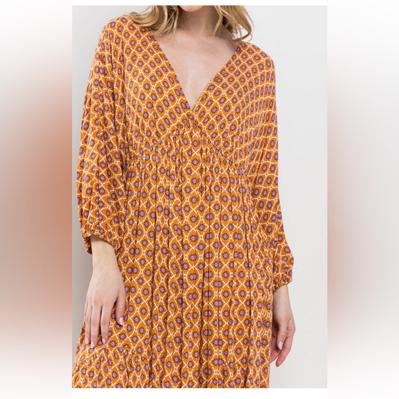 Boho . V-Neck Woven Print Tiered Midi Dress - Picture 5 of 5